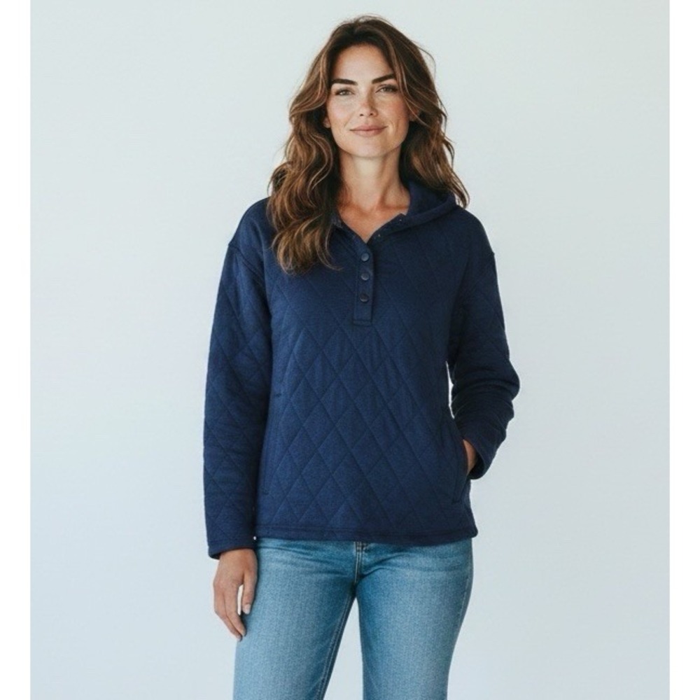 Lands' End Women's L 12-14 Quilted Pullover Hoodie Sweatshirt 1/4 Snap Navy NEW